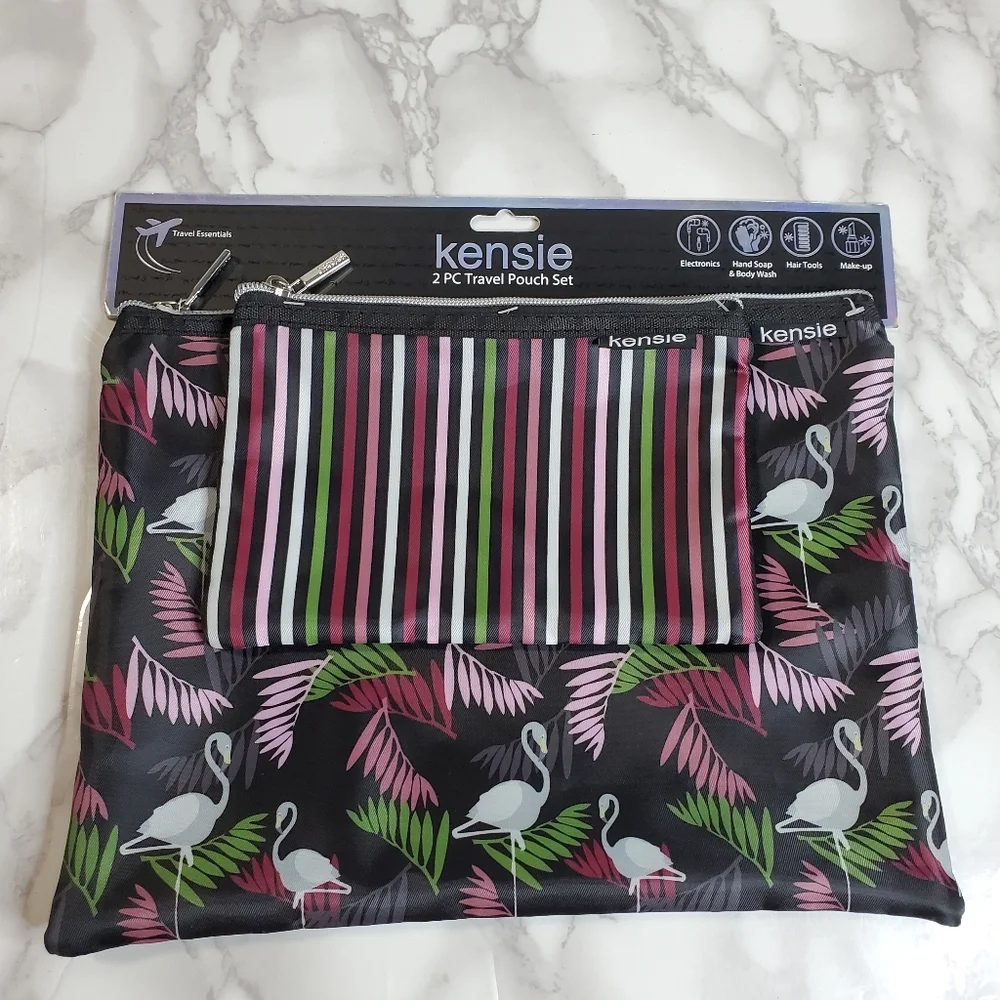 Kensie 2-Piece Travel Pouch Set with Flamingos and Stripe Design